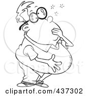 Royalty Free RF Clipart Illustration Of A Black And White Outline Design Of A Sick Man Grabbing His Mouth And Holding His Belly