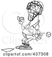 Royalty Free RF Clipart Illustration Of A Black And White Outline Design Of A Baseball Flying Past An Umpire by toonaday