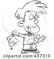 Black And White Outline Design Of A Disgusted Boy Holding A Muddy Lunch Bag