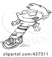 Royalty Free RF Clipart Illustration Of A Black And White Outline Design Of A Boy Riding A Unicycle