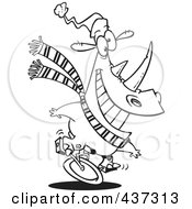 Royalty Free RF Clipart Illustration Of A Black And White Outline Design Of A Unicycling Christmas Rhino