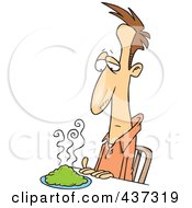 Royalty Free RF Clipart Illustration Of An Uncertain Cartoon Man Looking At Green Food On His Plate by toonaday