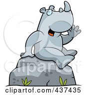 Royalty Free RF Clipart Illustration Of A Friendly Rhino Sitting On A Boulder And Waving