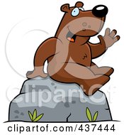 Royalty Free RF Clipart Illustration Of A Friendly Bear Sitting On A Boulder And Waving