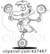 Royalty Free RF Clip Art Illustration Of A Black And White Outline Design Of A Businessman Balancing Technology Gears