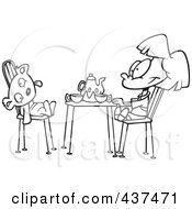 Royalty Free RF Clip Art Illustration Of A Black And White Outline Design Of A Girl Having A Tea Party With Her Teddy Bear by toonaday