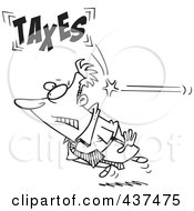 Poster, Art Print Of Black And White Outline Design Of A Businessman Being Hit From Behind With Taxes