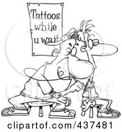 Royalty Free RF Clip Art Illustration Of A Black And White Outline Design Of A Tattoo Artist Tattooing A Man While He Waits
