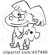 Royalty Free RF Clip Art Illustration Of A Black And White Outline Design Of A Happy Girl Carrying Her Teddy Bear by toonaday