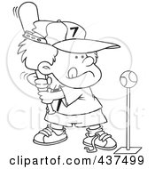 Royalty Free RF Clip Art Illustration Of A Black And White Outline Design Of A Boy Playing Tee Ball