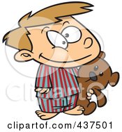 Poster, Art Print Of Happy Cartoon Boy Carrying His Teddy Bear