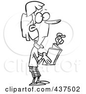 Poster, Art Print Of Black And White Outline Design Of A Skinny Female Teacher Holding A Book And Chalk