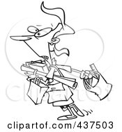 Royalty Free RF Clip Art Illustration Of A Black And White Outline Design Of A Teacher Carrying A Lot Of Items To Her Class