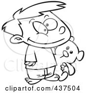 Royalty Free RF Clip Art Illustration Of A Black And White Outline Design Of A Happy Boy Carrying His Teddy Bear by toonaday