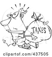Poster, Art Print Of Black And White Outline Design Of A Businessman Being Hit With Extra Taxes And Carrying A Money Bag
