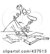 Poster, Art Print Of Black And White Outline Design Of A Stressed Businessman Doing His Taxes