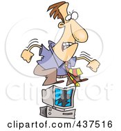 Stressed Cartoon Businessman Jumping On His Computer