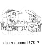 Black And White Outline Design Of Happy Girls Playing Dress Up At Tea Time