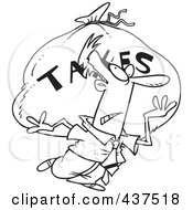 Poster, Art Print Of Black And White Outline Design Of A Businessman Carrying A Huge Bag Of Money For Taxes
