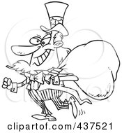 Royalty Free RF Clip Art Illustration Of A Black And White Outline Design Of Uncle Sam Grinning And Carrying A Money Bag Over His Shoulder by toonaday