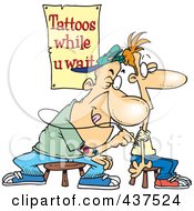 Cartoon Tattoo Artist Tattooing A Man While He Waits