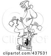 Royalty Free RF Clip Art Illustration Of A Black And White Outline Design Of A Stressed Businessman Jumping On His Computer