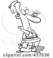 Royalty Free RF Clip Art Illustration Of A Black And White Outline Design Of A Man About To Whack A Fly On His Nose by toonaday