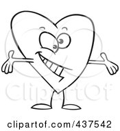 Royalty Free RF Clip Art Illustration Of A Black And White Outline Design Of A Surprising Heart With Open Arms