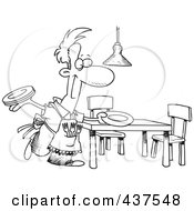 Black And White Outline Design Of A Happy Stay At Home Dad Setting The Dinner Table