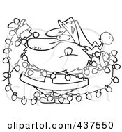 Royalty Free RF Clip Art Illustration Of A Black And White Outline Design Of Santa Tangled In Christmas Lights