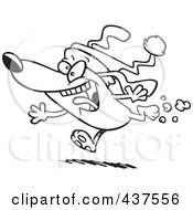 Royalty Free RF Clip Art Illustration Of A Black And White Outline Design Of A Christmas Dog Running And Wearing A Santa Hat