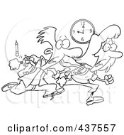 Black And White Outline Design Of A Tardy School Boy And Girl Racing To Class
