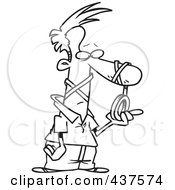 Royalty Free RF Clip Art Illustration Of A Black And White Outline Design Of A Man Tangled In Tape