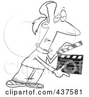 Royalty Free RF Clip Art Illustration Of A Black And White Outline Design Of A Man Presenting Take 2 With A Clapper by toonaday