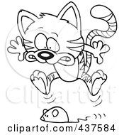 Royalty Free RF Clip Art Illustration Of A Black And White Outline Design Of A Toy Mouse Frightening A Tabby Cat