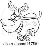Poster, Art Print Of Black And White Outline Design Of A Christmas Dog Running And Wearing Antlers