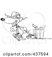 Royalty Free RF Clip Art Illustration Of A Black And White Outline Design Of A Mouse Pulling A Christmas Gift On A Sled