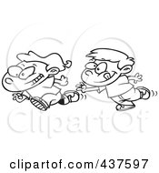 Royalty Free RF Clip Art Illustration Of A Black And White Outline Design Of Boys Playing Tag