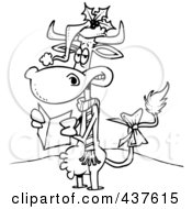 Royalty Free RF Clip Art Illustration Of A Black And White Outline Design Of A Christmas Cow In The Snow
