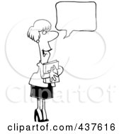 Royalty Free RF Clip Art Illustration Of A Black And White Outline Design Of A Businesswoman Hugging A Book And Talking