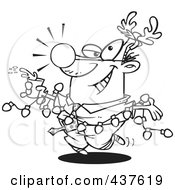 Royalty Free RF Clip Art Illustration Of A Black And White Outline Design Of A Businessman Wearing Antlers And Holding A Drink While Draped In Christmas Lights
