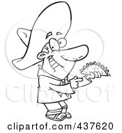 Royalty Free RF Clip Art Illustration Of A Black And White Outline Design Of A Happy Hispanic Man Holding A Taco