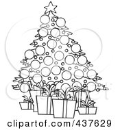 Poster, Art Print Of Black And White Outline Design Of A Christmas Tree And Gifts