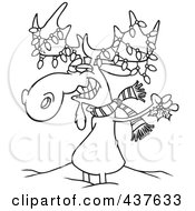 Royalty Free RF Clip Art Illustration Of A Black And White Outline Design Of A Decorated Christmas Moose In The Snow by toonaday