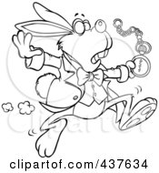 Black And White Outline Design Of A Tardy Rabbit Looking At His Pocket Watch While On The Run