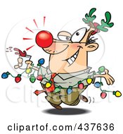 Red Nosed Cartoon Businessman Wearing Antlers And Holding A Drink While Draped In Christmas Lights