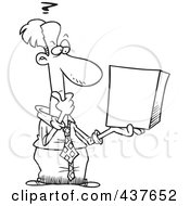 Royalty Free RF Clip Art Illustration Of A Black And White Outline Design Of A Businessman Holding A Cube And Thinking