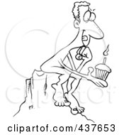 Royalty Free RF Clip Art Illustration Of A Black And White Outline Design Of A Birthday Statue Holding A Cupcake And Thinking Of A Wish