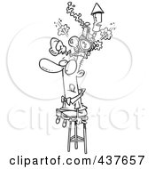 Royalty Free RF Clip Art Illustration Of A Black And White Outline Design Of A Man Sitting On A Stool And Wearing A Thinking Cap by toonaday