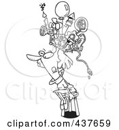 Royalty Free RF Clip Art Illustration Of A Black And White Outline Design Of A Woman Sitting On A Stool And Wearing A Thinking Cap by toonaday